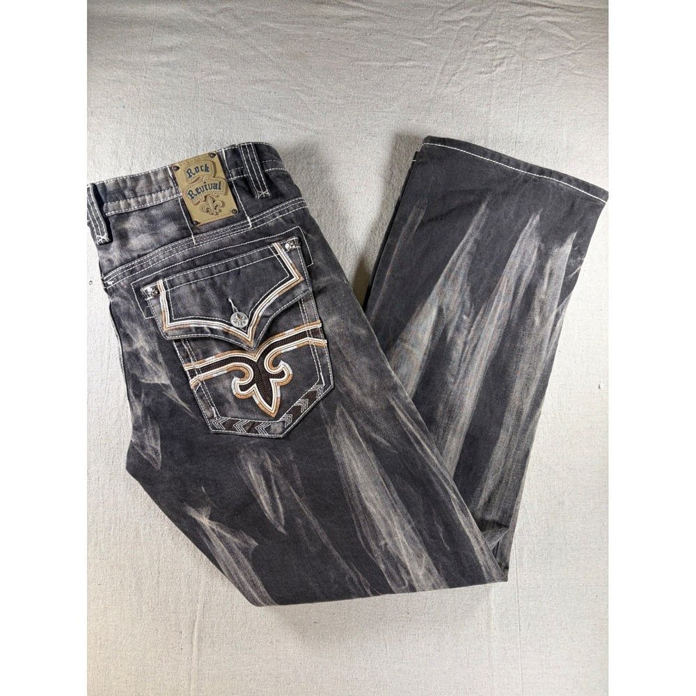 Rock Revival Jeans Mens 40x33 Gray Acid Wash Straight Bootcut Made in USA Denim